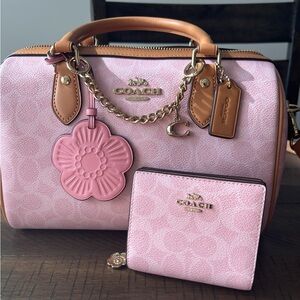 Coach Powder Pink and Brown Signature Satchel Medium Rowan and Snap Wallet NWT